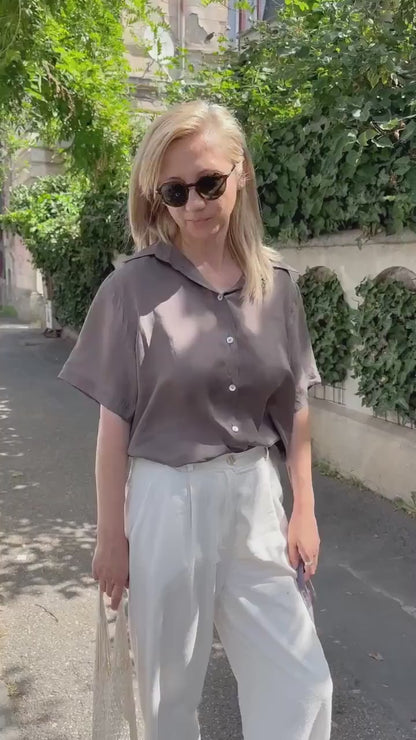 100% Silk Short Sleeve Shirt for Women | Straight Cut, Relaxed Fit Summer Blouse in Taupe