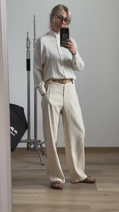 Handmade 100% Silk Pants for Women, Straight Cut, Loose Fit Tailored Trousers for Spring - Summer, Elegant Pants in Light Beige, Grey, Red