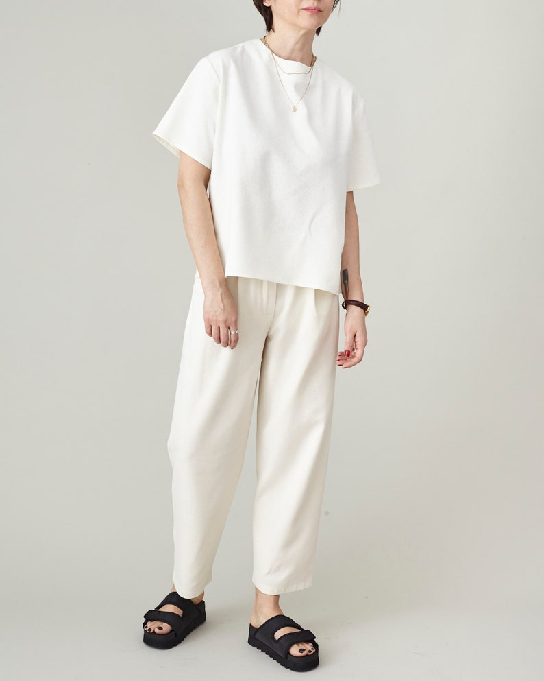 Raw Silk Blouse — Round Neck, Short Sleeve, Back Buttons | Off-White