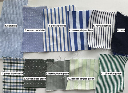 Fabric swatches labeled with color names and patterns on a white background