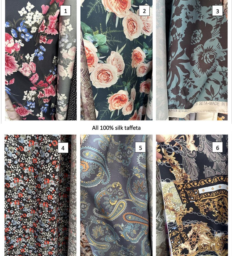 Collage of various floral and paisley patterns on silk taffeta fabric.