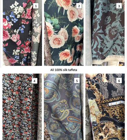 Collage of various floral and paisley patterns on silk taffeta fabric.