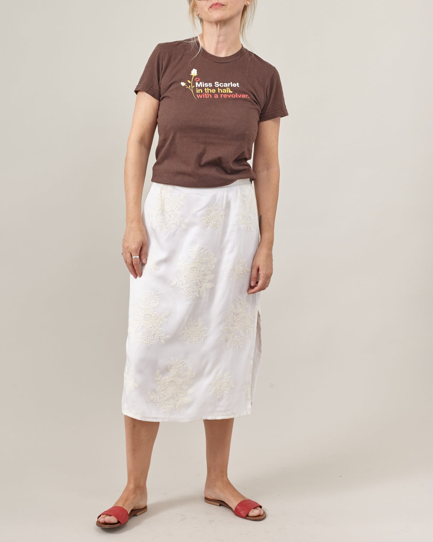 White Silk-Cotton Embroidered Midi Skirt – Ivory Floral